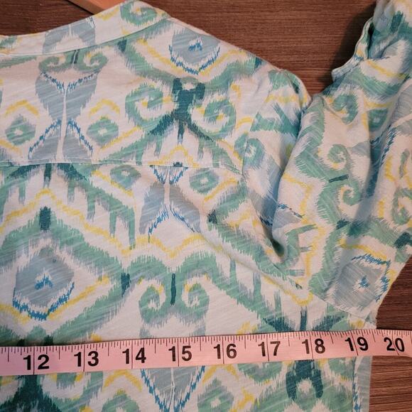Fresh Produce Womens All Over Print Blouse Top M Blue Green V-Neck Button Cotton - Picture 6 of 7